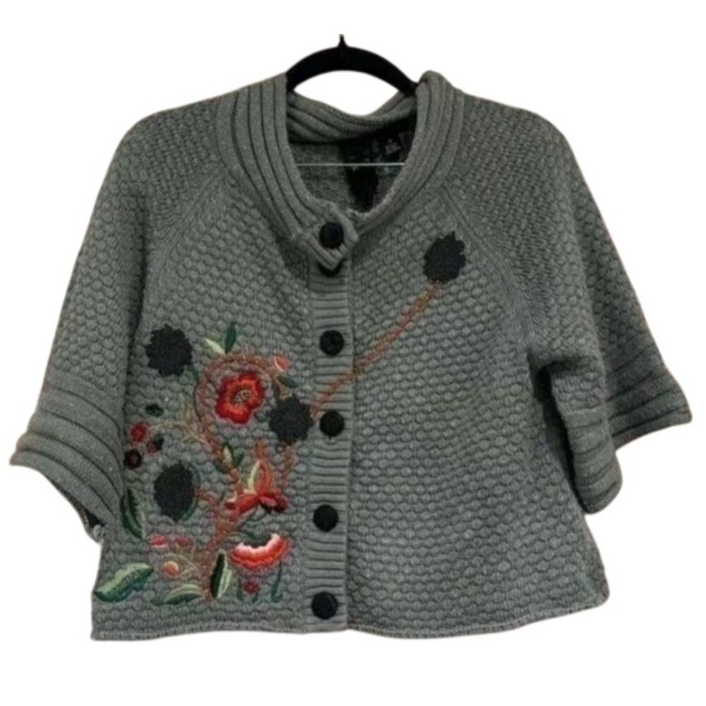 Nick & Mo Anthropologie Floral Embroidered Knit Cropped Cardigan Women's Medium - Picture 2 of 16